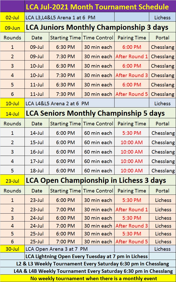 LCA Schedule – Lotus Chess Academy